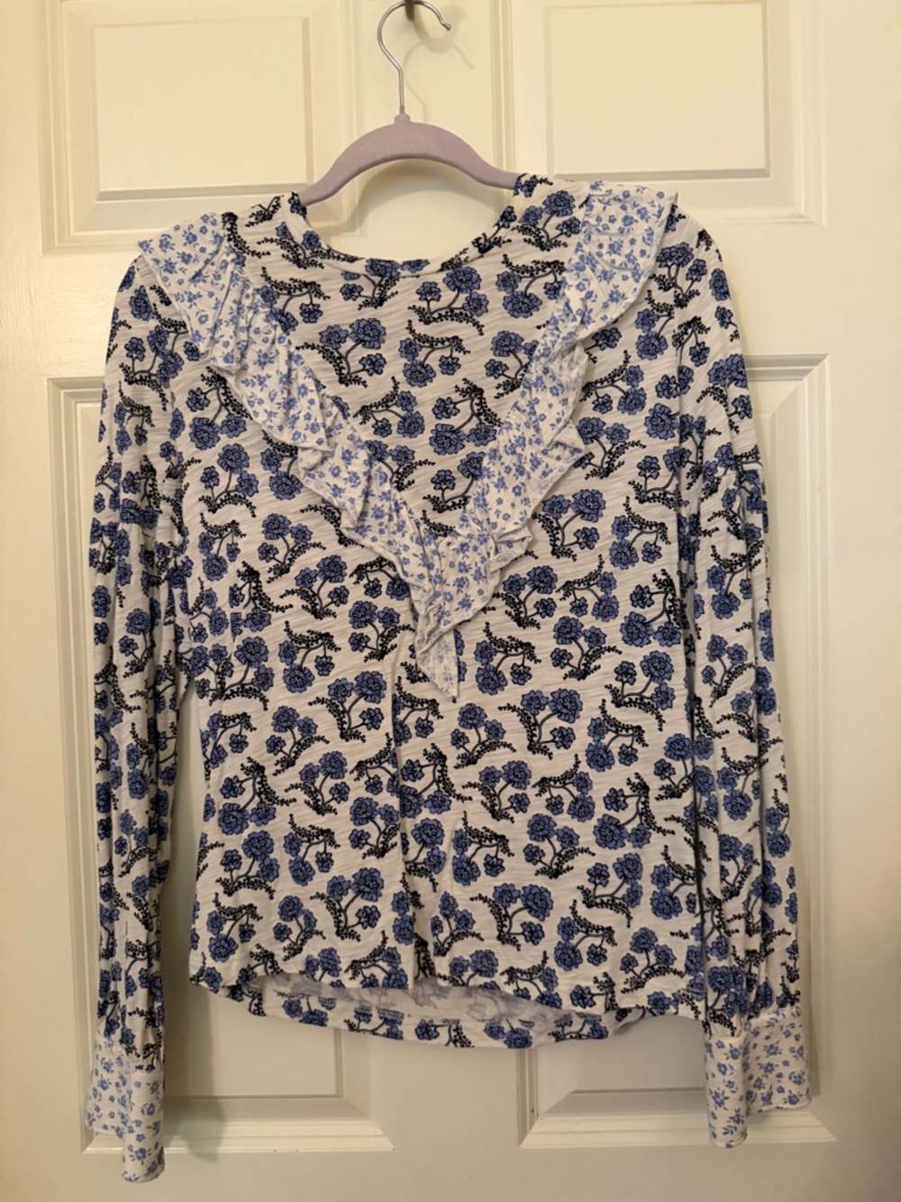 Goldie White and Blue Floral Ruffle V-Neck Blouse
